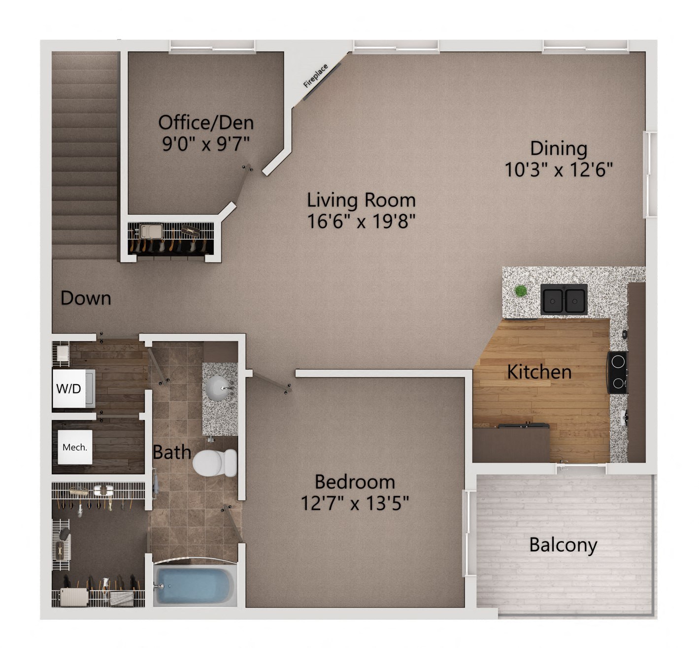 floor plan including a living room with a fireplace and a dining area